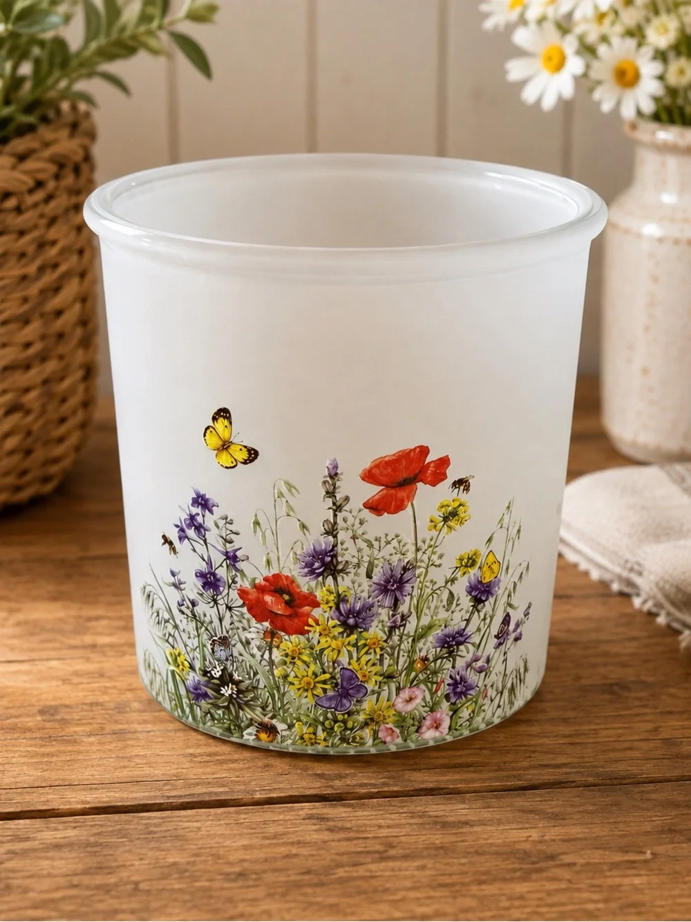 Floral Glass Votive Holder with Wildflower Design 4 1/2” x 5”